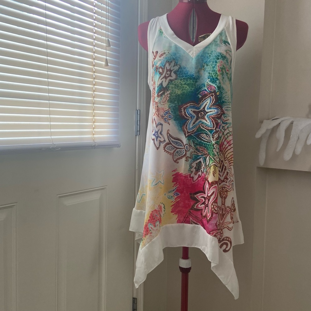 India Boutique women cream floral tank style flare mini dress . One size. Used.